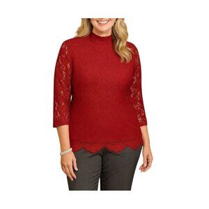 Appleseeds Red Lace Mock Neck 3/4 Sleeves Scalloped Hem Back Zip Top Size 14